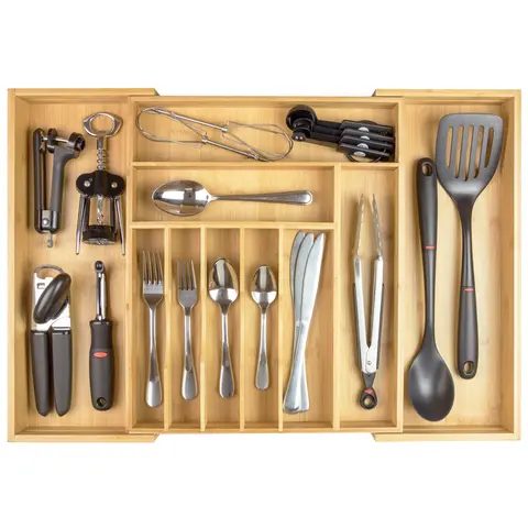 KitchenEdge Premium Silverware Organizer - Bamboo & Rubber Non-Slip, Adjustable Flatware Storage for Kitchen Drawers, 11 Compartments, Expandable from 14 to 25 Inches - Boxes Utensils