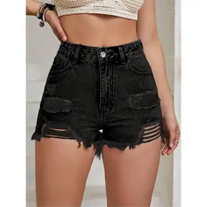 Women's Frayed Hem Denim Shorts, Casual Fashion Ripped Shorts for Daily Outdoor Wear, Ladies Bottoms for Spring & Fall, Micro ShortsRAIMENTRY