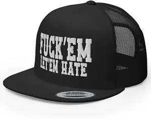 NX Fuck'Em Let'em Hate Embroidered Flat Bill Trucker Hat High Crown Adjustable Cap, Embroidered Hat, Trucker Hat