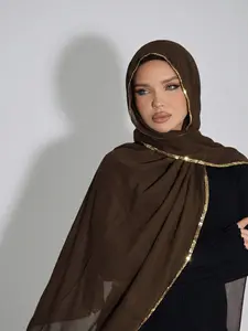 Women's Chiffon Turban Hijab Scarf with Chains, Elegant Modesty Plain Color Headscarf Wrap for Arab Women, Breathable Beach Sun Protection Long Shawl Muslims