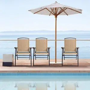 Patio Folding Chair Deck Sling Chair Camping Garden Pool Beach Using Chairs Space Saving Set of 2 (Beige)