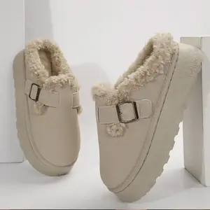 ‌Women's Fuzzy Lined Platform Slippers - Cozy Winter Mini Snow Boots Slip-On Fleece Shoes with Buckle Detail Indoor Outdoor Shoes