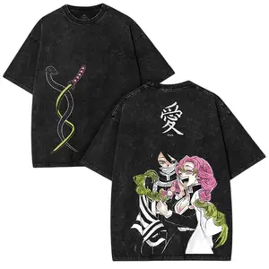 Demon Slayer Love Pillar Iguro Obanai × Kanroji Mitsuri Vintage Washed Oversized T-Shirt Anime Couple Style Retro Heavyweight Washed Pure Cotton Collector Otaku Streetwear 100% Soft Cotton Fabric Loose Fit Classic Seamless Craftsmanship