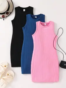 Tween Girl 2pcs Sporty Knit Sleeveless Dress Set | Round Neck Streetwear Style, Active Casual