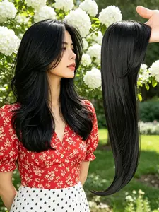 💯Natural Black Hair Topper for Daily Style - Long Straight with Curtain Bangs, Clip-In Kanekalon Synthetic, Covers Thinning Hair & Adds Instant Confidence