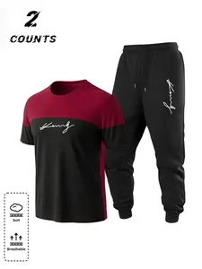 2026 Spring Summer Unisex Casual Sportswear Set, Colorblock Patchwork, Signature Label, Comfortable Breathable Fabric, Jogger Pants & Sporty Round Neck Short Sleeve T-Shirt