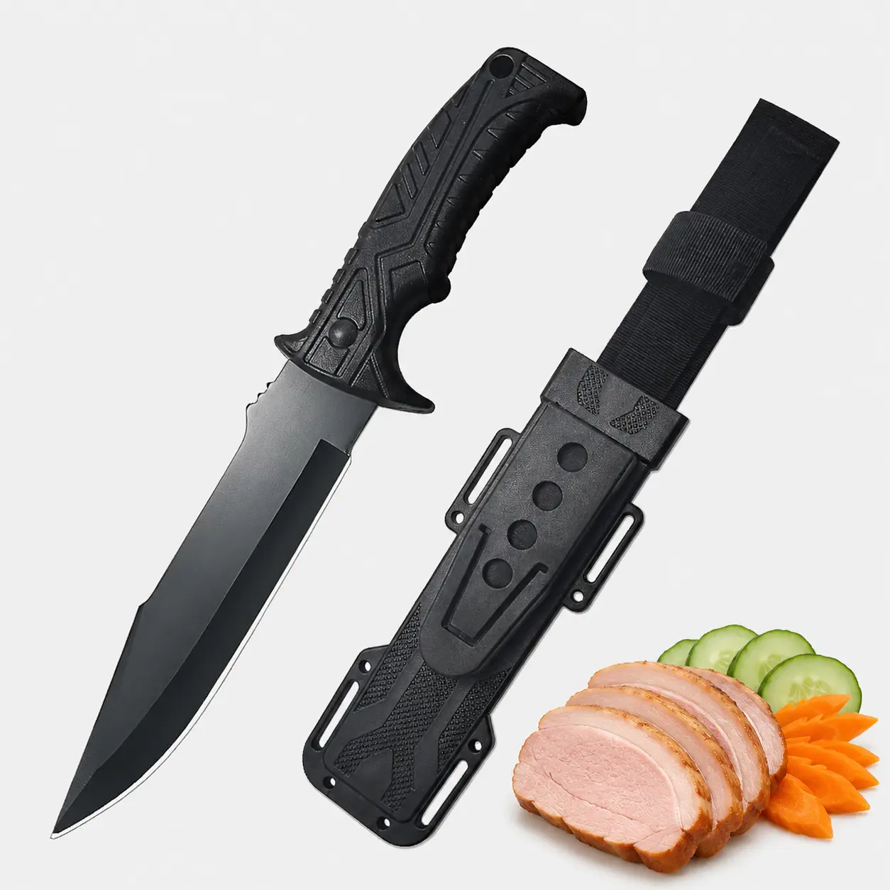 Kitchen Knife with Black Coated Blade, Textured Grip Handle, Protective Sheath – Ideal for Home Cooking, Holiday Meals (Christmas, Thanksgiving, Father’s Day Prep)