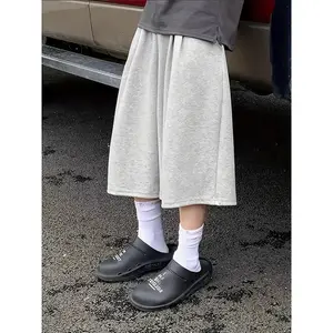 Men'S Summer Casual Mid-Length Shorts - Loose Street Style, Elastic Waistband with Pleated Design, Breathable Fabric for Skateboarding, Urban Fashion Couple Shorts, Unisex Neutral Material 3/4 Pants,    Nightwear Pajamas Loungewear Menswear