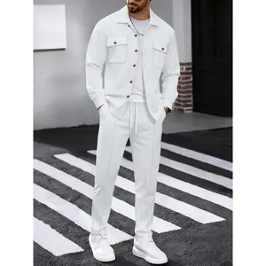 New Men'S Four-Season Waffle Casual Set, Versatile Outdoor Outfit Trendy Men, Featuring a Button-Up Cardigan with a Collar, Double Chest Pockets, Long-Sleeve Jacket, And Matching Long Pants in a Two-Piece Set