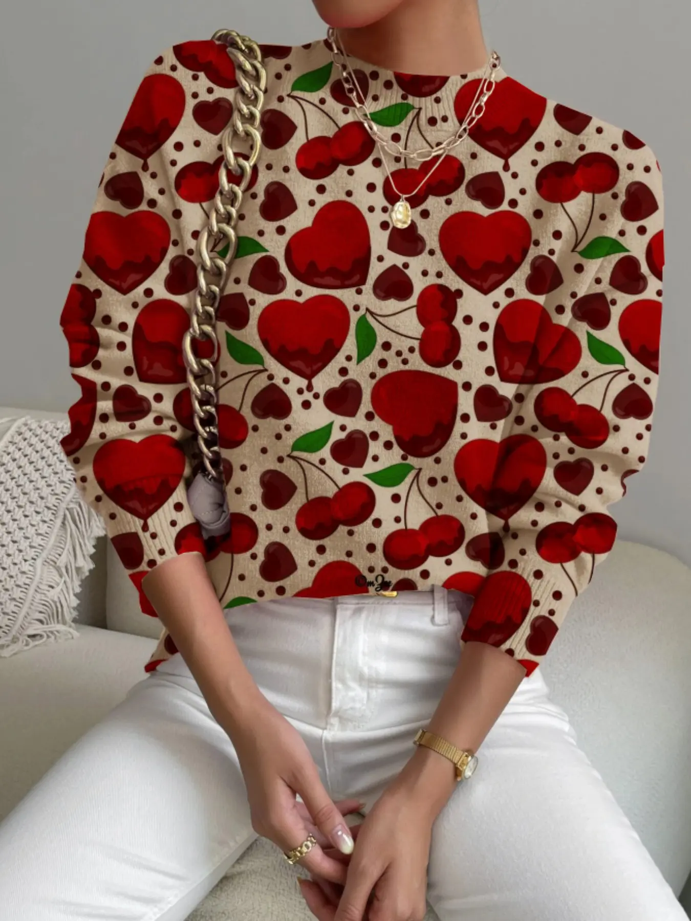 Women's New Fashion Sweater Heart Cherry Print High Neck Long Sleeve Warm Versatile Knitwear, Elegant All Season Wear