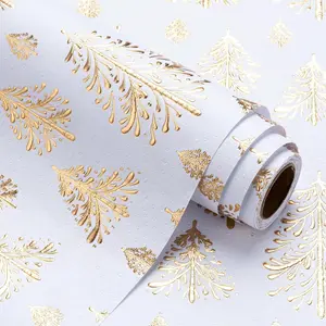 WRAPAHOLIC 3D Kraft Christmas Wrapping Paper Roll - Mini Roll - 17 Inch X 16.5 Feet - Gold and White Christmas Tree Wrapping Paper with Embossed Perfect for Holiday, Party Celebration