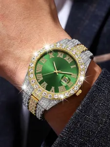 Men's Luxury Moissanite Watch, Ice-Cool Diamond Strap, Roman Numeral Dial, Calendar Display, Business Vintage Style, Includes Gift Box