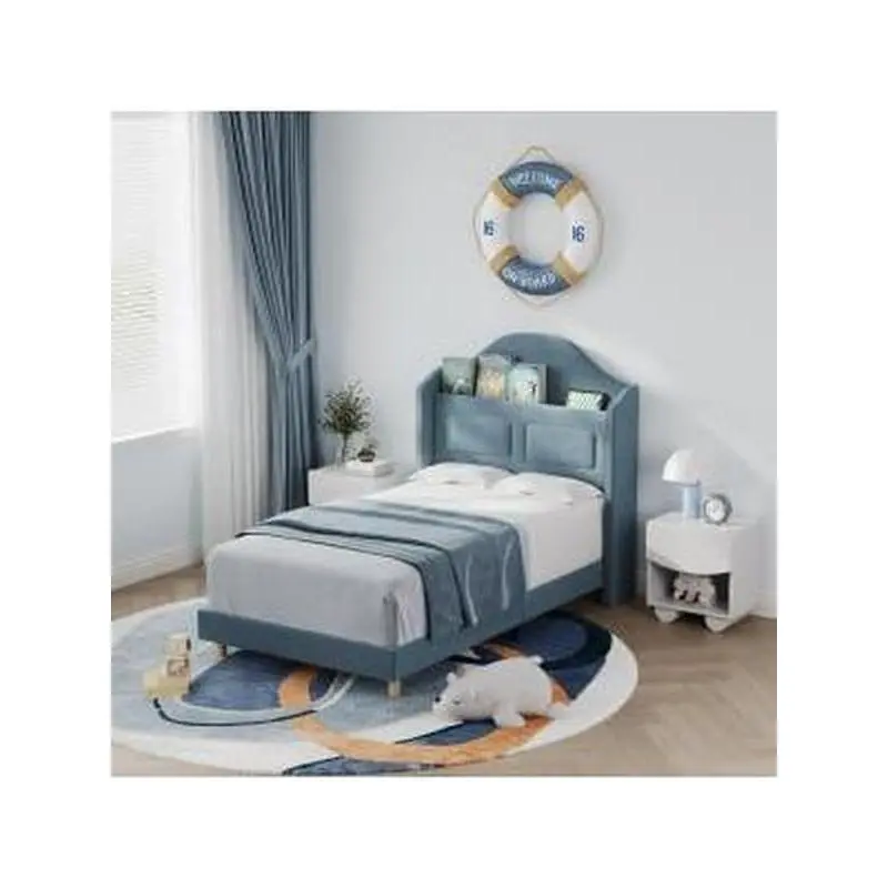 Garvee 2-Pack Upholstered Velvet Princess Twin Bed Frame with LED Lights and Wingback Bookcase Headboard, Platform Bed for Youth, Noise-Free, Elegant Blue Finish