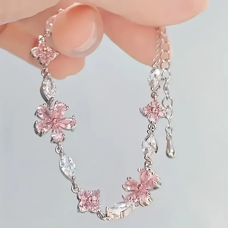 [One Specification]1pc Women'S Pink Cherry Blossom Chain Bracelet, Fashionable Cute Exquisite Square Petal Cherry Blossom Bracelet Adjustable - Ideal Holiday Gift