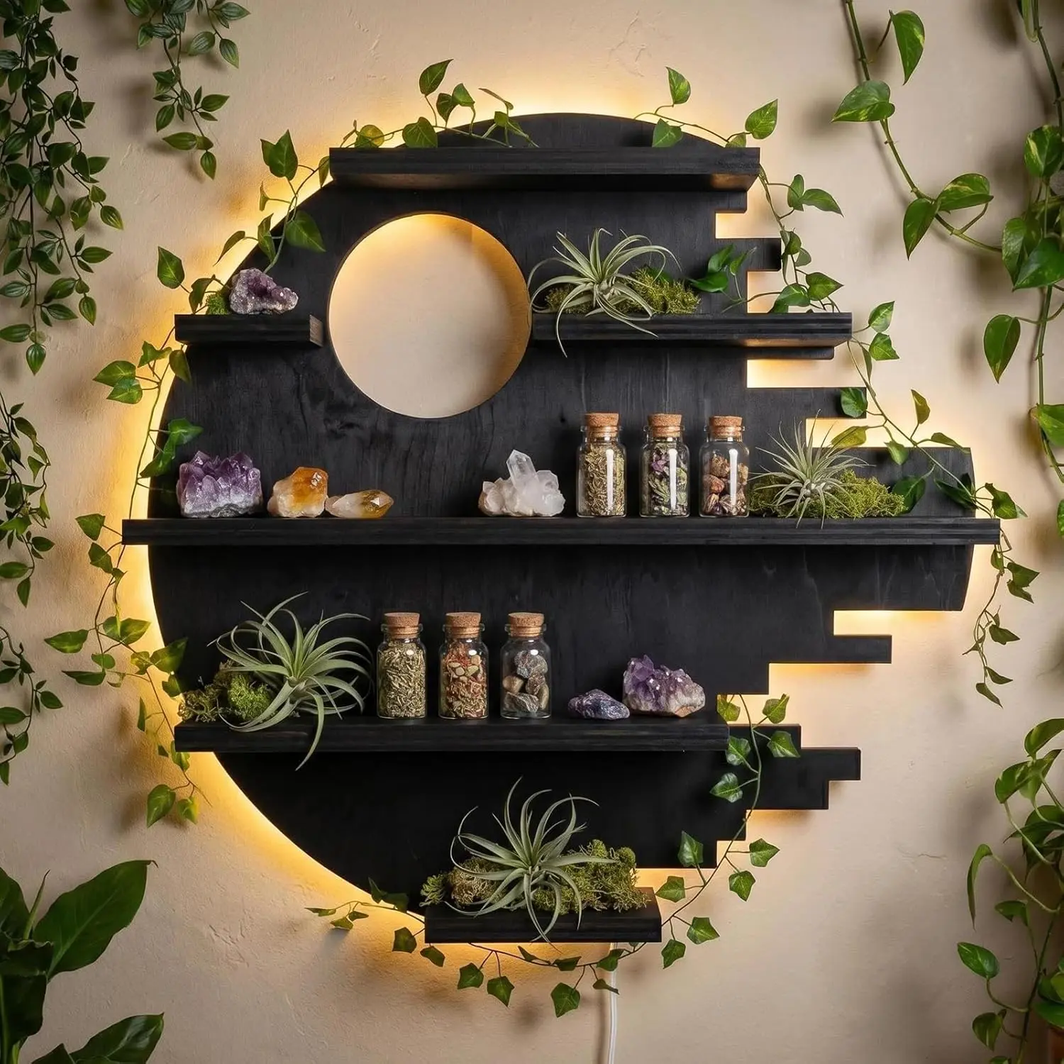 LED Crystal Shelf for Wall, Wooden Floating Shelves with Light, Crystal Display Shelf for Healing Stones, Rock Gem Organizer, Witchy Wall Decor for Essential Oils, Trinkets, Boho Room Aesthetic