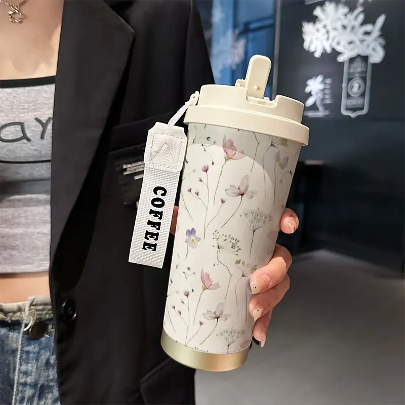 Spring Wildflower Coffee Cup, 530ML Insulated Travel Mug Tumbler with Straw and Lid, Leak-Proof Handle, Suitable for Hot/cold Drinks, Drinkware
