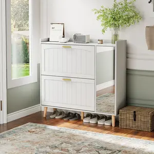 Shoe Cabinet with Mirror, 2 Flip Drawers and Side Cabinet, Wood Shoe Storage Cabinet with Adjustable Shelves, Modern Home Storage Organizer for Entryway, Bedroom, Living Room, White