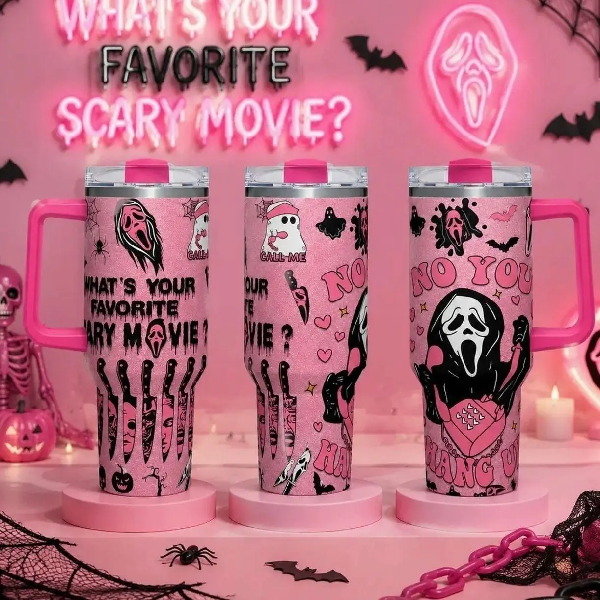 Ghost Face Scream Movie 40oz Tumbler Stainless Steel Insulated Cup With Colorful Handle Lid And Straw No You Hang Up Horror Movie Cup Halloween Gift Cute Pink Ghostface Reusable