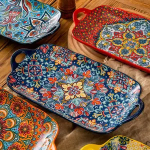 taufikt 4pcs Boho Rectangular Ceramic Plates Set, Large Durable Stackable Dinnerware for Fish, Steak, Home Kitchen & Restaurant Serving