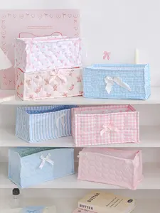 Cute Square Storage Basket Style Cotton Desktop Organizer Box, Adorable Desk Organiser Bin for Office & Home Use