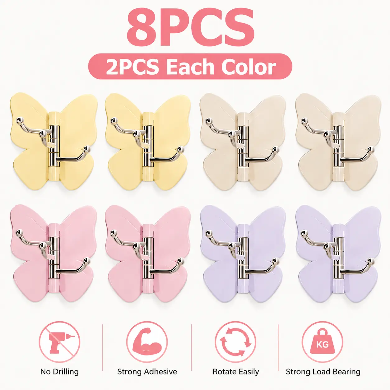 8-Piece Rotatable Butterfly-Shaped Wall Hooks – Drill-Free, Strong Adhesive Mount, Multifunctional Hat Rack & Towel Holder; Suitable for Bathrooms and Various Home Settings Rotatable Hooks Wall Mount Hooks Multiple Hooks Multifunctional Hook