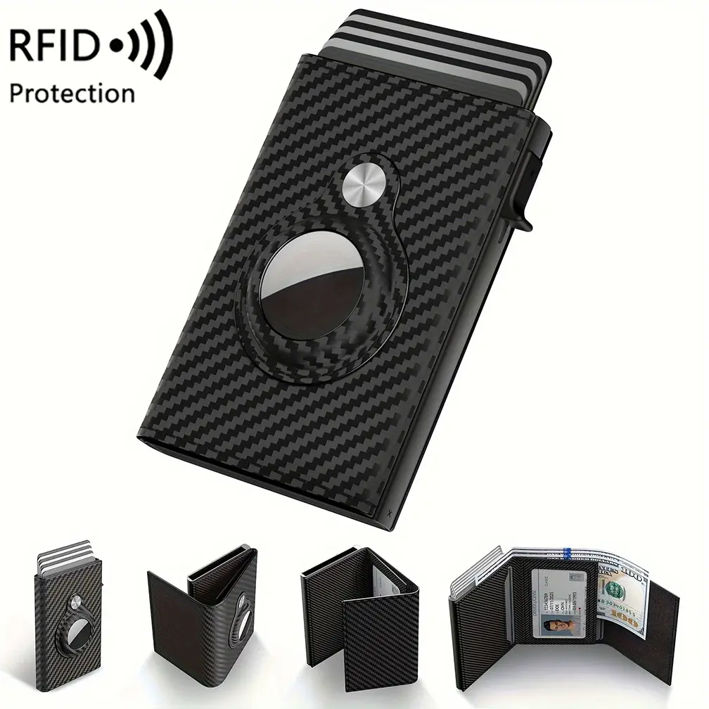 Multifunctional Smart Pop-Up RFID Blocking ID Credit Card Holder Wallet Carbon Fiber Pattern Tri-Fold Large Capacity With ID Window Card Slots Cash Pocket Minimalist Front Pocket Design