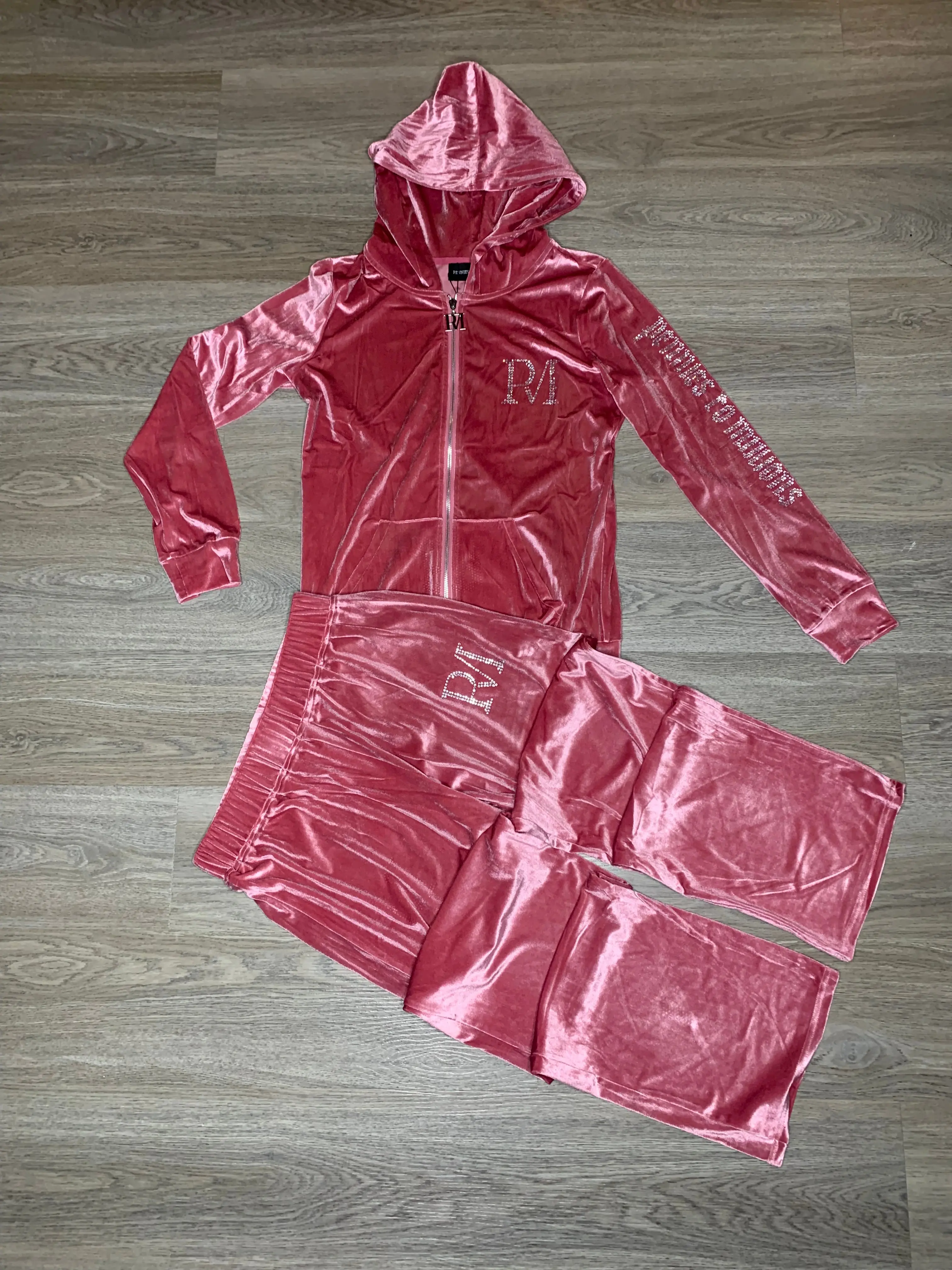Women's Pink Velour Sporty Clothing Set, Sport Ready, Premium Quality, Customized PM Zipper, Rhinestone PM Logo, Female, Sporty Sports Clothing Sets