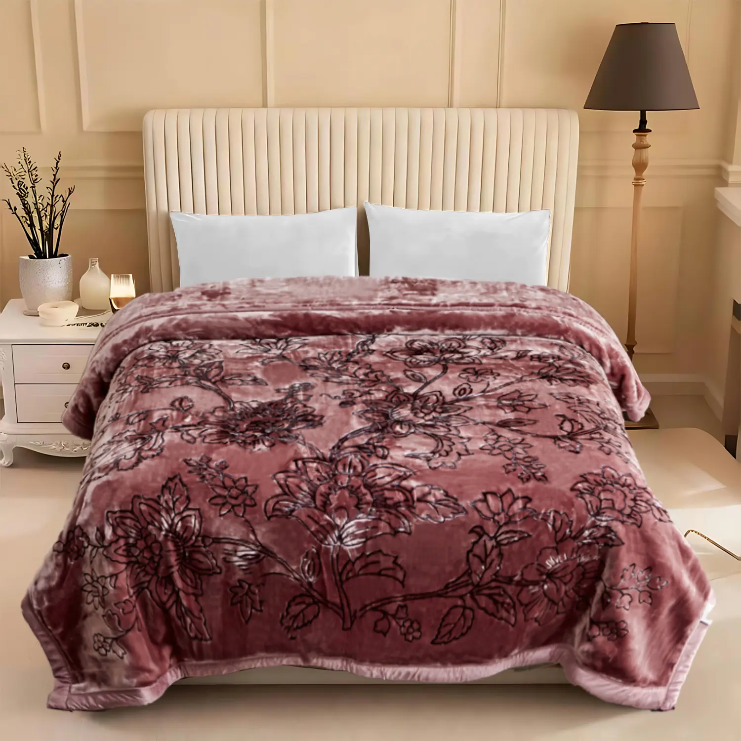 Cozy Chic Fluffy Blanket - King Size 12 lbs Heavy Raschel Fleece (87"x94"), A&B 2-Sided Printed 2-Ply Reversible, Pink Floral Embossed, Durable Wide Hemming, Soft Warm Breathable Bed Warmer, Storage Bag Included, Blankets for Bed, Cozy Chic Blanket