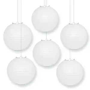 6-Pack 8 Inch White Parallel Ribbing Round Paper Lanterns