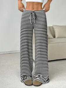 Spring Summer Women's New Casual Striped Elastic Drawstring Knit Fashion Loose Straight Leg Pants, Trendy Long Trousers for Ladies