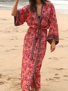 Women's Bohemian Print V-Neck Midi Dress, Comfortable Fabric, Loose Fit, Beach Cover-Up, Beach Swimsuit Cover, Sun Protection, Casual Summer