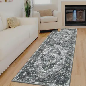 GARVEE Machine Washable Runner Rug 2×6 Stain Resistant Hallway Carpet with Non-slip Backing, Vintage Printed Area Rugs, Soft Low Pile Faux Wool Rug for Entryway, Kitchen, Laundry, Gray