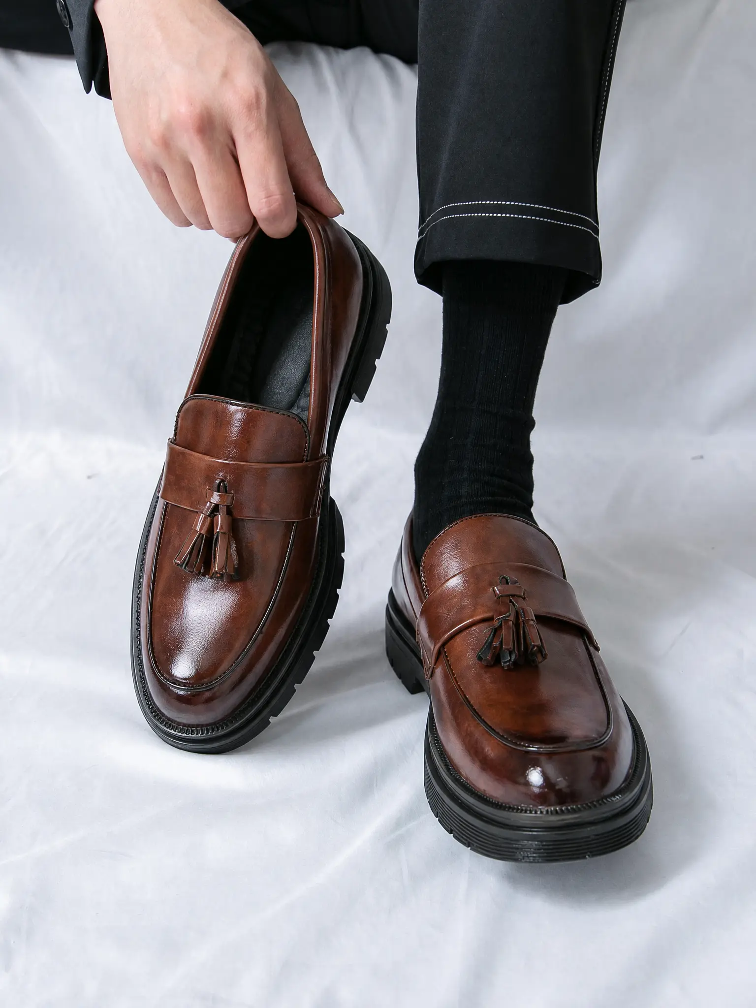 Men Comfortable Penny Loafers, Black and Brown Vintage Leather Tassel Slip On Fashion Business Casual Dress Shoes with Non Slip Rubber Sole, All-Match Formal Shoes for Work Dating Wedding