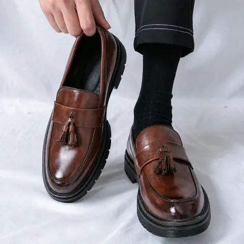 ONXITOM Men's Plain Slip-On Loafers - Black & Brown PU Leather Tassel Round Toe Low Block Ankle Flatform Footwear, Anti-Skid No-Tie Rubber Sole Dressier Office-Ready Casual-Ready Shoes for Work