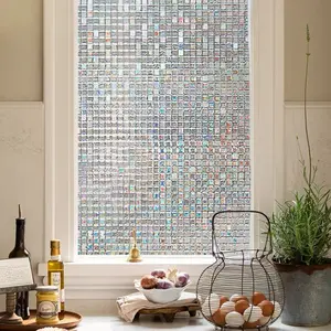 Glam Mosaic Glass Window Sticker - Retro Stained Glass Plaid Rainbow Design, Thick PVC Residue-Free Removable Privacy Film, Home Decor for Kitchen & Girl Room, Frosted Cling Ornament