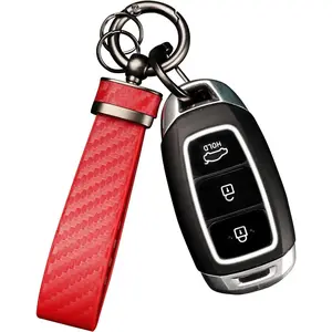 Carbon Fiber Keychain Genuine Leather Key Fob Car Accessories Anti-Lost D-Ring Red Sport Style Durable Multifunctional Gift