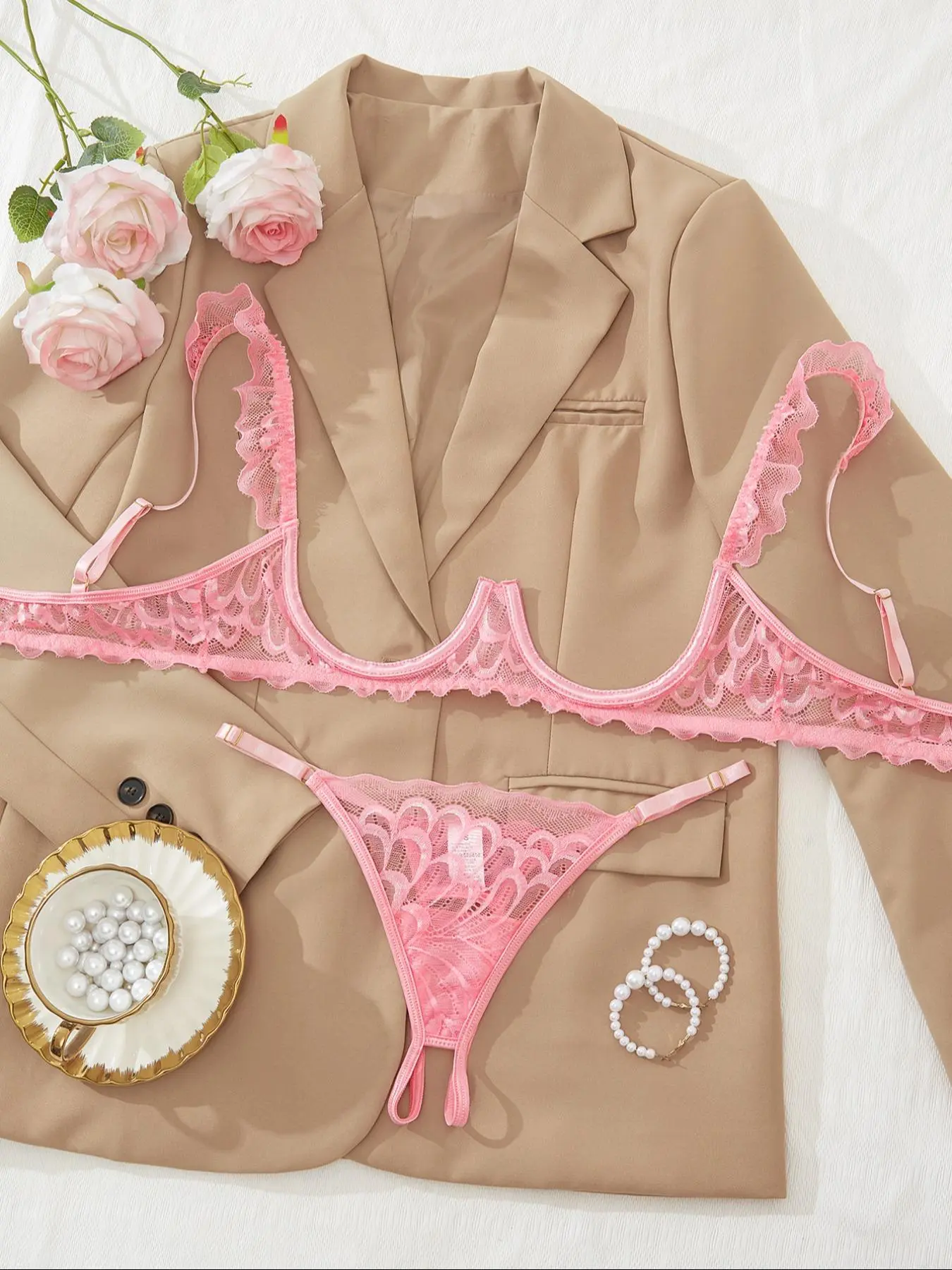 Women's Lace Sheer Sexy Lingerie Two-piece Set, Ruffle Trim Open Bust Underwire Bra & Open Crotch Design Thong Set, Soft Comfy Breathable Lingerie Set for Women - TikTok Shop Women's Lace Sheer Sexy Lingerie Two-piece Set, Ruffle Trim Open Bust Underwire Bra & Open Crotch Design Thong Set, Soft Comfy Breathable Lingerie Set for Women - TikTok Shop