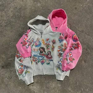Vintage Gray & Pink Religious Art Zip Hoodies, Tattoo-Style Religious Icons & Floral Designs, Edgy Streetwear for Bold Casual Looks warm
