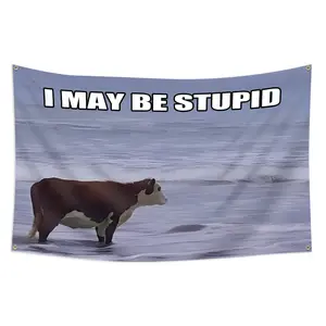 1pc, I May Be Stupid Flag, A Cow in The Sea Banner, 2*3ft(60*90cm) /3x5ft (90*150cm), 4 Grommets, Single-Sided Printing, for Indoor, Outdoor, Home, Room, Man Cave, Bedroom, Bar, Yard, Garden, Activities, Decorations, Wall Hanging Tapestry