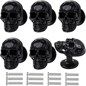 6 Pack Skull Skeleton Drawer Knobs, Vintage Single Hole Cabinets Pulls for Drawer Wardrobes Bookcases Dresser Closets Hardware Furniture Decoration (Black)