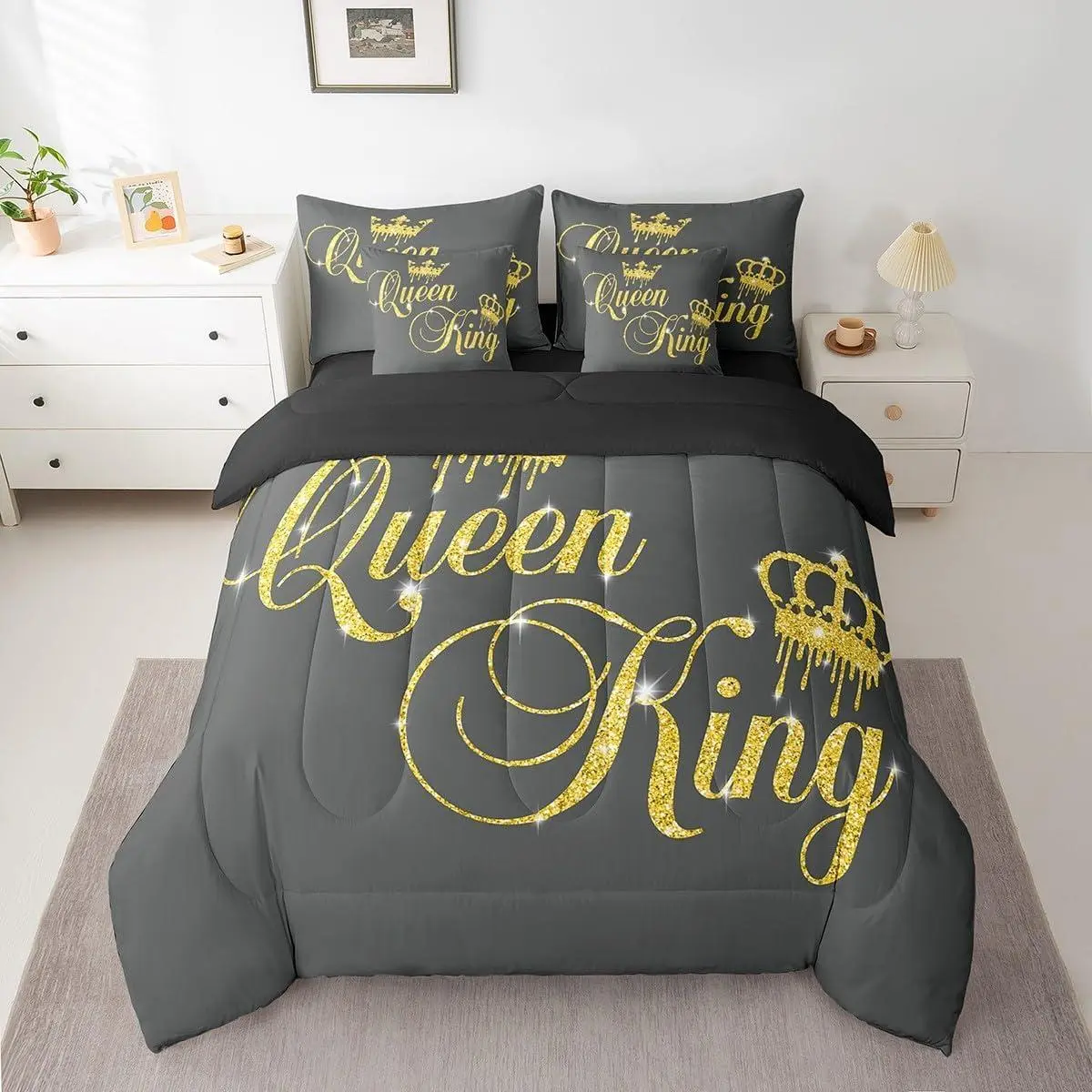 Crown and Couple Bedding Set His and Hers Bed in a Bag Teens Women Men Grey Yellow Golden ,Lover Romantic Valentine's Day Decorations Bed Set All Season(No Glitter)