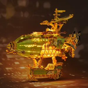 FUNPOLA LED 3D Wooden Puzzle Fantasy Airship Model - Steampunk DIY Craft Kit with LED Lights – 3D Puzzle Intricate Wooden Airship Model Set (Orange & Green & Grey & White)