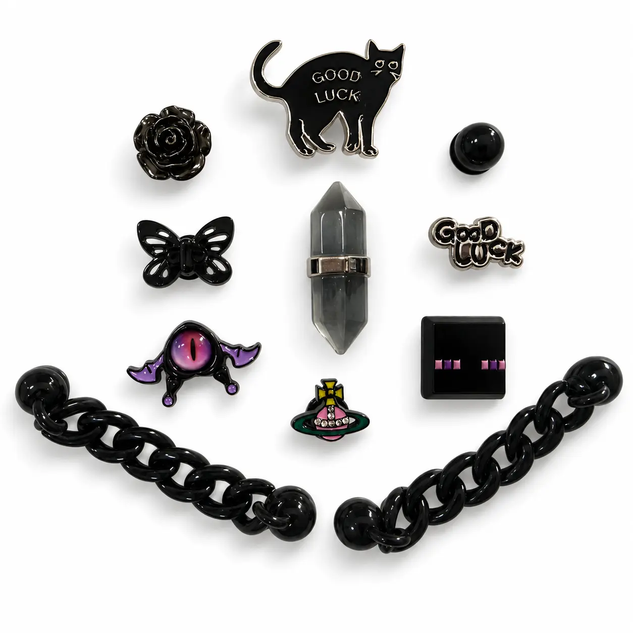 Women’s Clog Shoe Charms Set (10PCS) - Gothic Halloween Decorations with 2 Black Chains, Purple Evil Eye, Lucky Cat, Butterfly, Crystal Rose for Clogs Shoes, Footwear