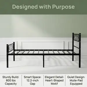 YJ-Garvee Black Metal Twin-XL Size Bed Frame with Headboard and Footboard, Twin-XL Size Platform Bed Frame with Iron-Art Sweet Heart Design, No Box Spring Needed, Easy Assembly
