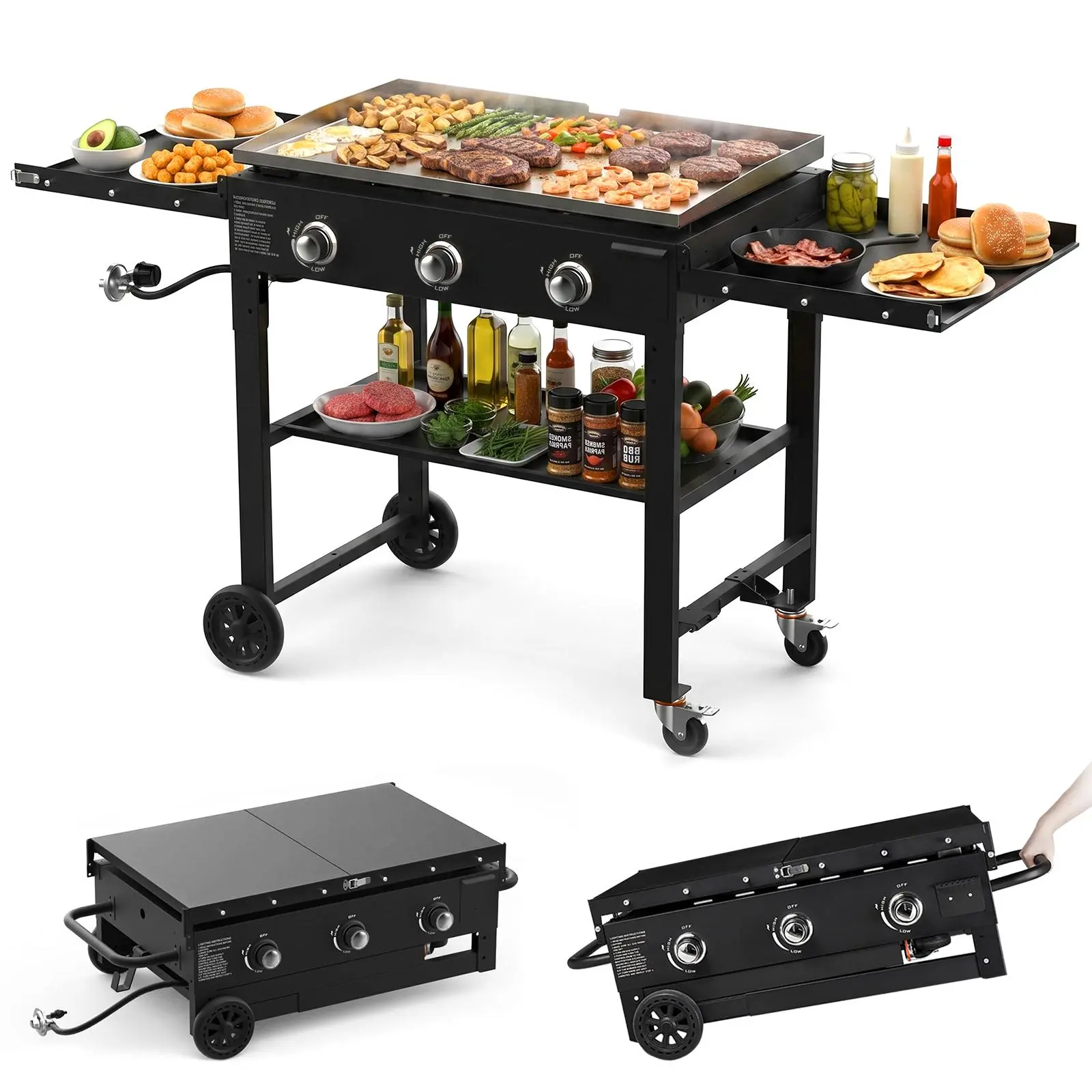 BESTFIRE 45K BTU 3-Burner Flat Top Propane Barbecue Grill - 35" Stainless Steel Outdoor Bbq Griddle with Porcelain Enameled Cast Iron Grate, Foldable Side Shelves, Heat Resistant Bbq Design, Portable Bbqs for Backyard, Camping Feasts patio cooking