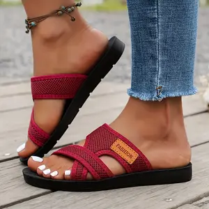 [Breathable Mesh Sandals] Comfortable Breathable Women's Mesh Slide Sandals, Casual Summer Footwear, Flat Open-Toe Slippers In Black, Red Or Brown With Cover Patch, Non Slip Lightweight Slippers With Open Design, Walking/Traveling/Daily Wear