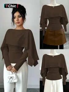 New Women's Shawl Neck Long Sleeve Stretch Knit Top, Youthful Elegant Casual Daily Wear, Waist Cinch Slimming T-Shirt for Tall Look