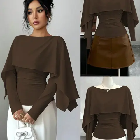 New Women's Long Sleeve Stretch Knit Top, Classy Tops, Youthful Elegant Daily Wear, Waist-Cinch Slimming Design for Flattering Tall Look
