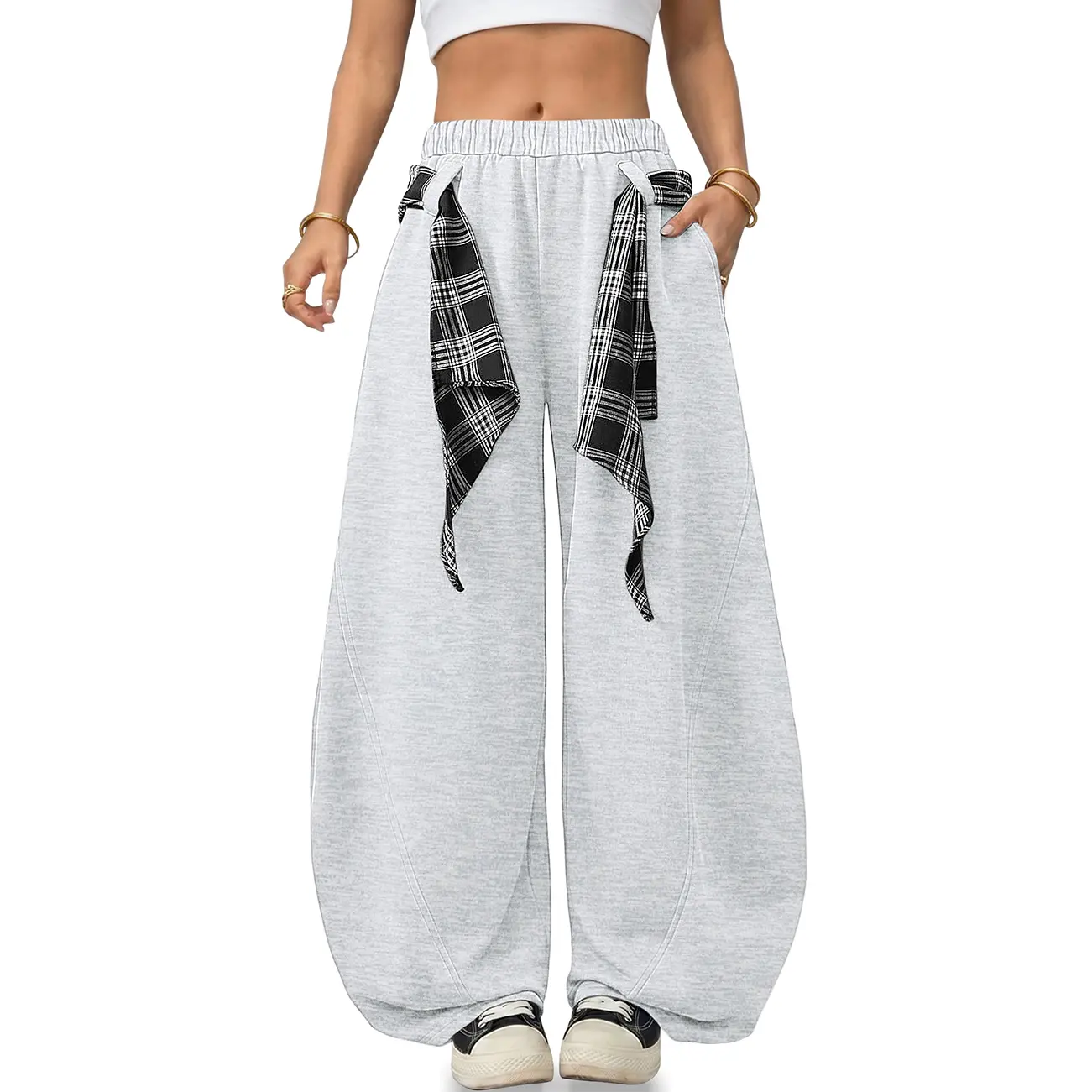 TARSE Women's Barrel Sweatpants, Wide Leg Pants with Plaid Tie, Oversized Fit, Elastic Waist and Side Pockets