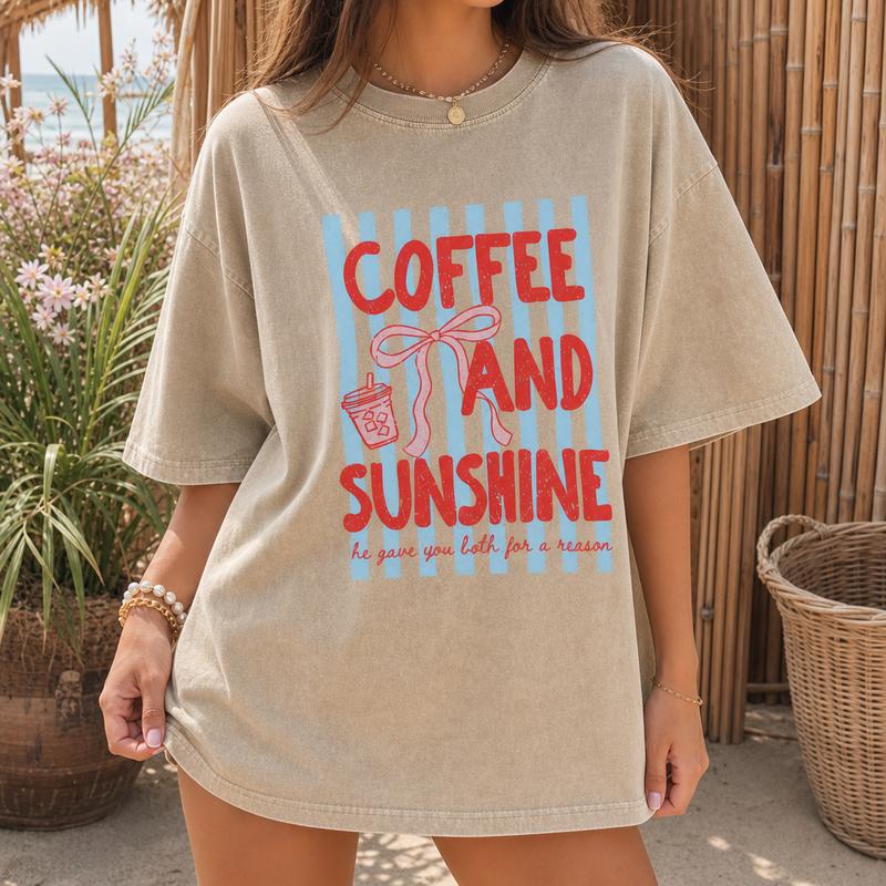 Coquette Coffee and Sunshine Graphic Tee for Women, Washed Cotton Oversized Shirt S-5XL